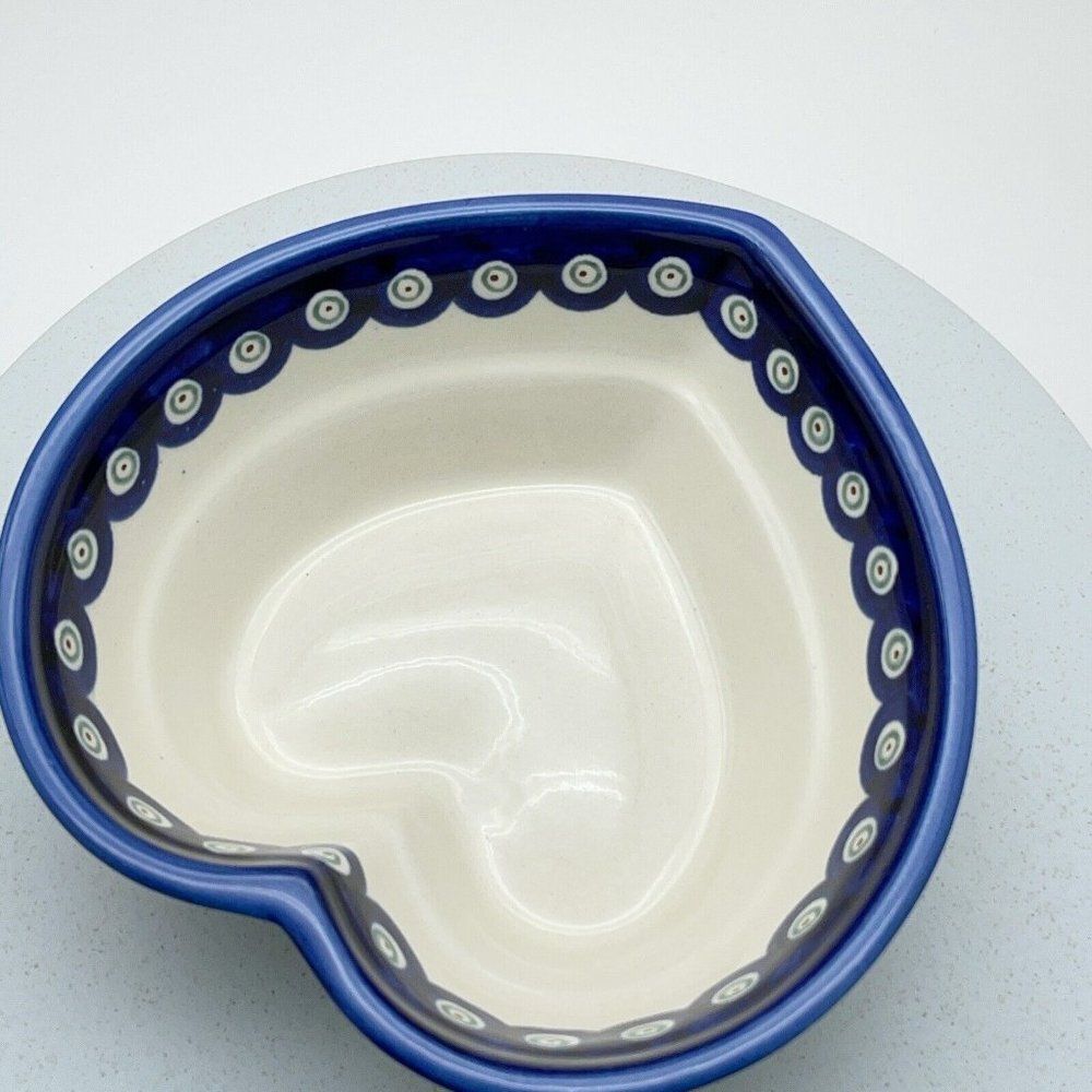Boleslawiec Pottery Heart Shaped Bowl 6" Peacock Eye Flowers Dish Made in Poland - Picture 4 of 15